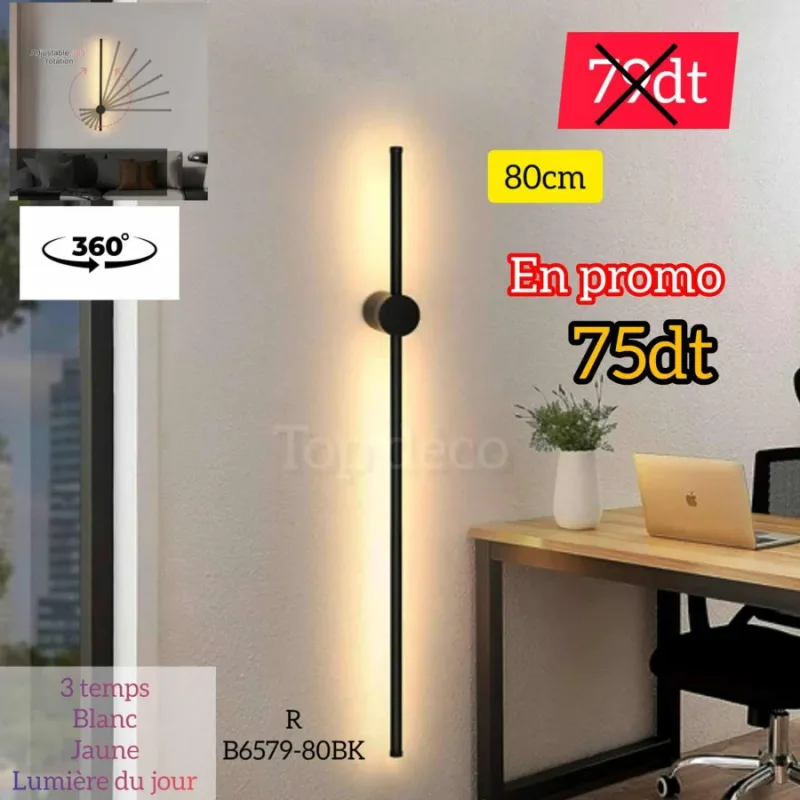 Applique Murale LED 80cm Noir – Métal & Acrylique B6579-80BK | Top Déco Tunisie