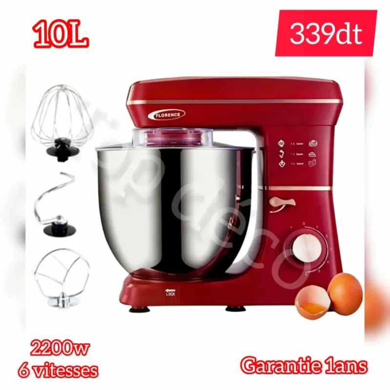 Pétrin Professionnel Florence 10 Litres rouge – 2200W / 6 Vitesses | Top Déco Tunisie