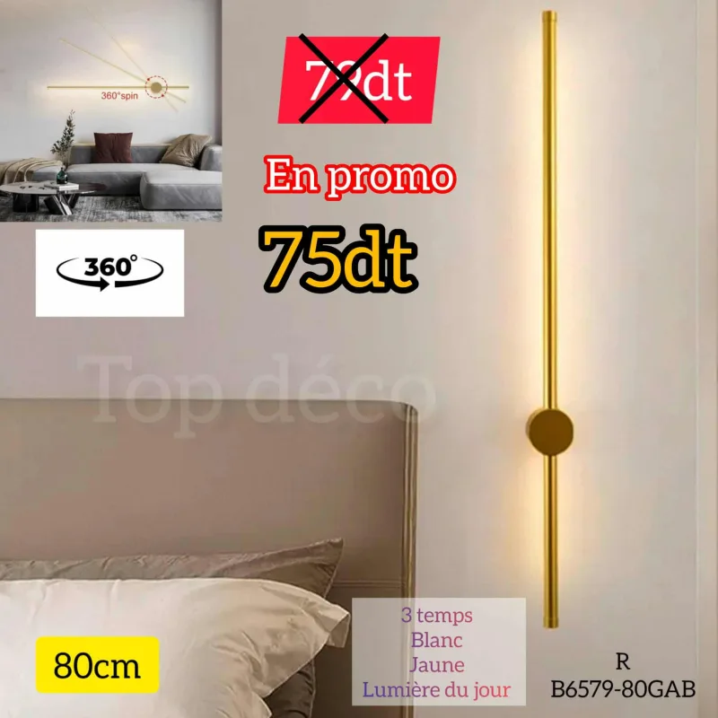 Applique Murale LED 80cm – Métal & Acrylique | Éclairage Moderne 3 Temps | Top Déco Tunisie