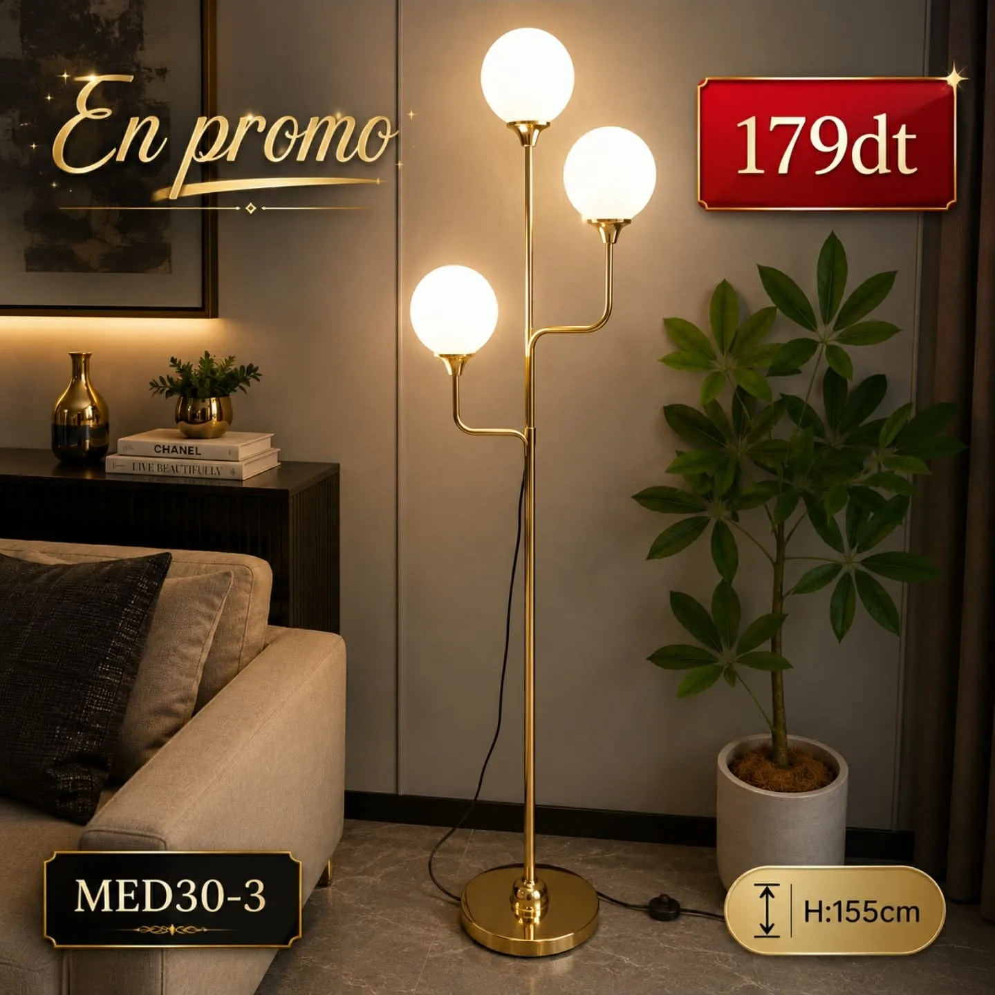 Lampadaire de Coin Moderne à 3 Boules Lumineuses – 155 cm | Top Déco Tunisie