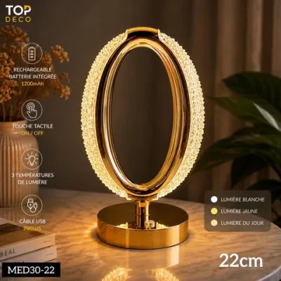 Veilleuse LED rechargeable en cristal doré – 3 modes d’éclairage | Top Déco Tunisie