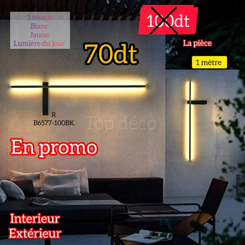 Applique Murale LED 1 métre Noir – Métal & Acrylique | Éclairage Moderne 3 Temps | Top Déco Tunisie
