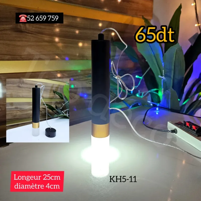 Suspension LED Cylindrique Luxe – Noir & Doré | Top Déco Tunisie