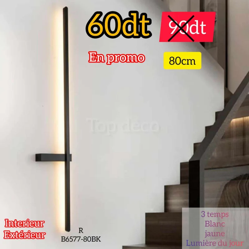 Applique Murale LED 80cm Noir – Métal & Acrylique | Top Déco Tunisie