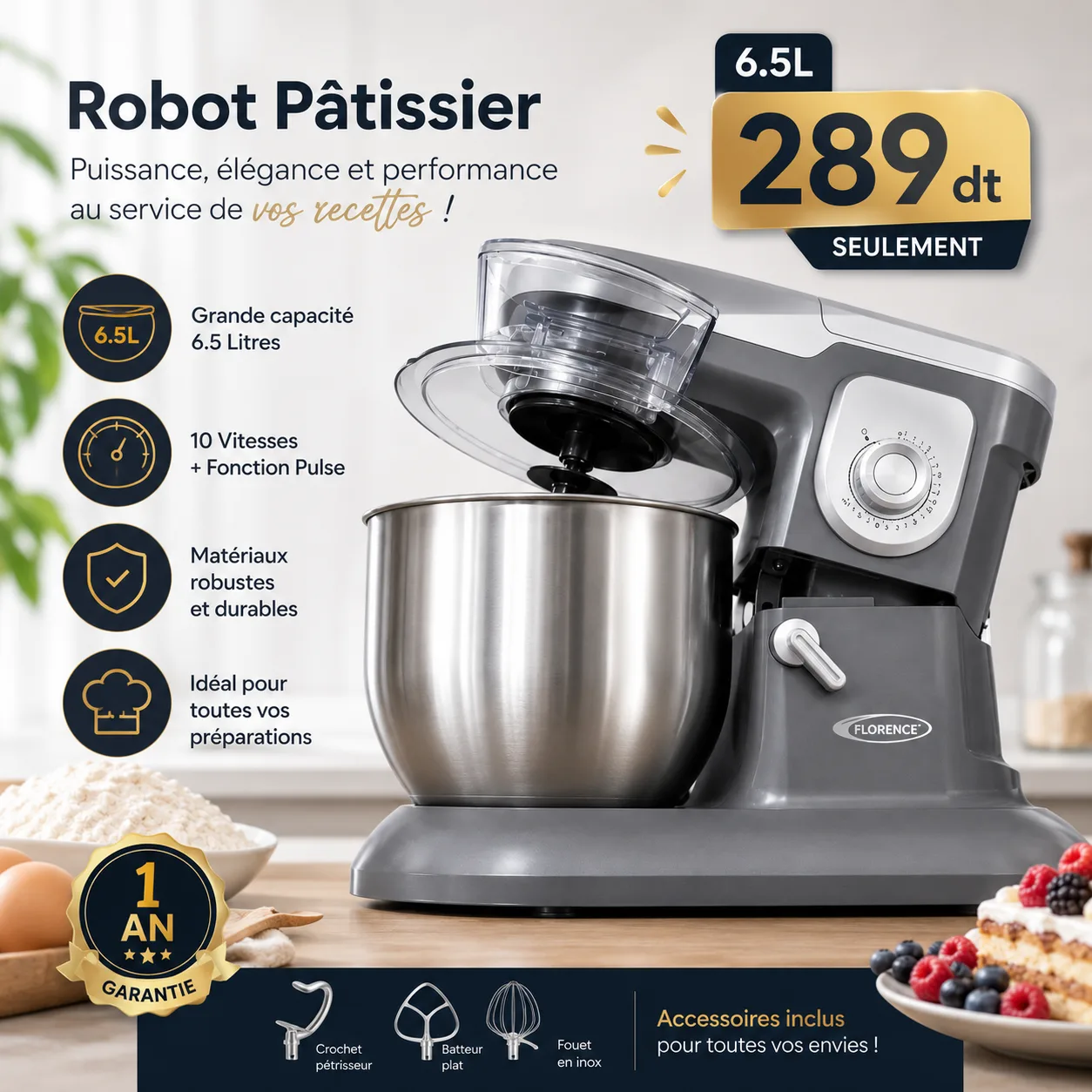 Pétrin Florance Gris 6.5L – Robot Pâtissier Multifonction | Top Déco Tunisie