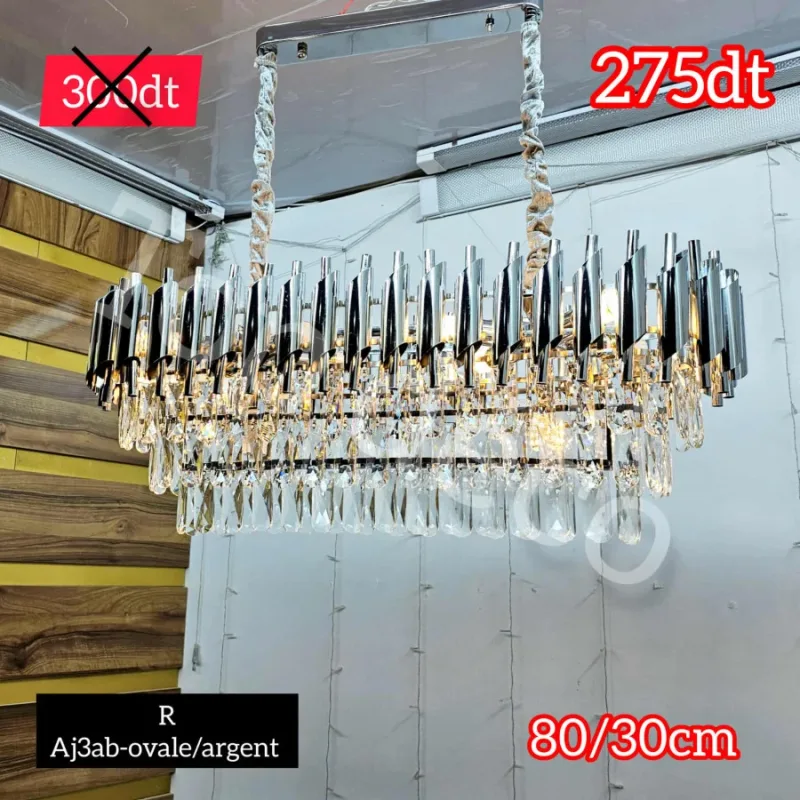 Suspension Ovale Luxe – Métal Chromé & Cristal | Top Déco Tunisie