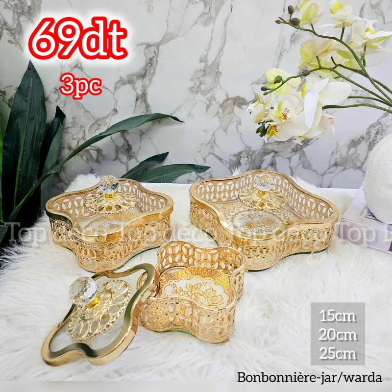 Set de bonbonnières fleur en verre et métal doré – 3 pièces élégantes | Top Déco Tunisie