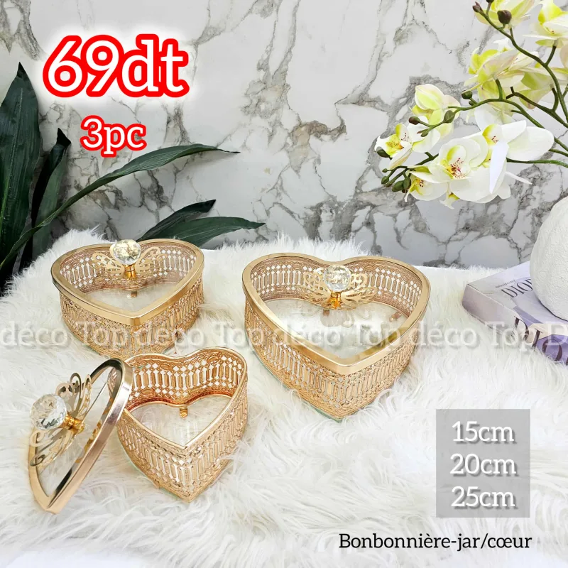 Set de bonbonnières cœur en verre et métal doré – 3 pièces élégantes | Top Déco Tunisie