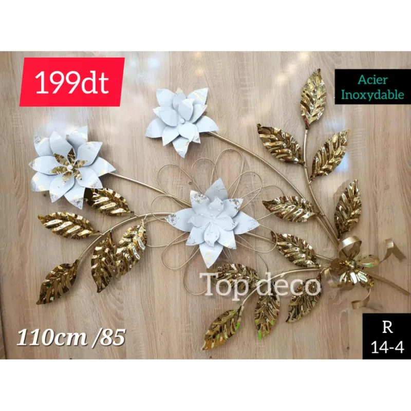 Décoration murale florale dorée et blanche en acier inoxydable – 110×85 cm - 14-4 | Top Déco Tunisie