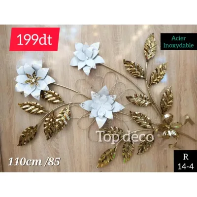 Décoration murale florale dorée et blanche en acier inoxydable – 110×85 cm - 14-4 | Top Déco Tunisie