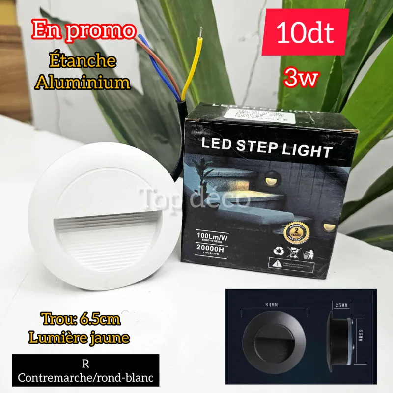 contre marche rond-blanc 3W étanche en aluminium | Top Déco Tunisie