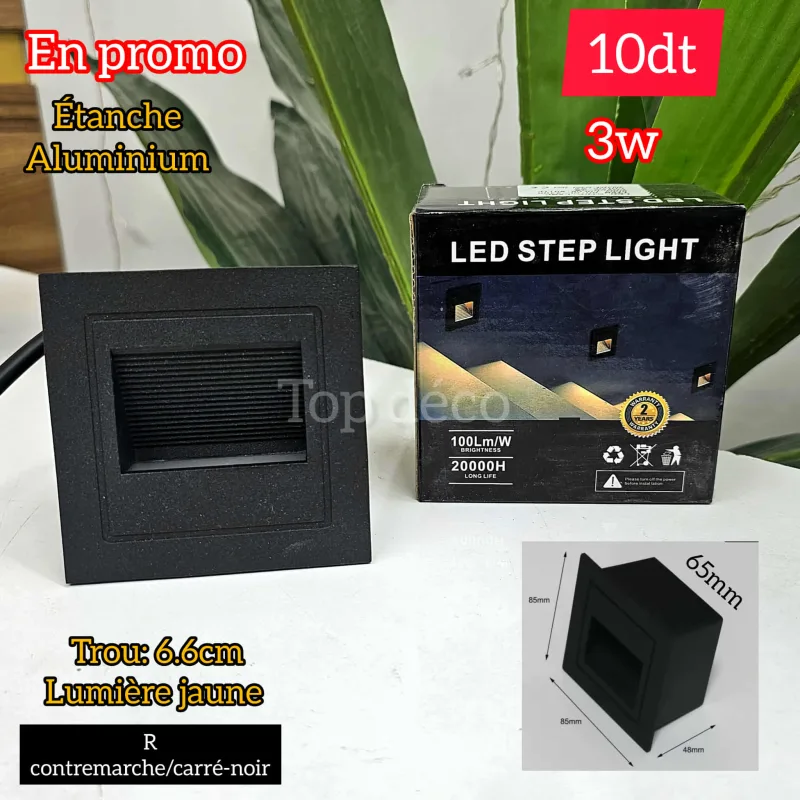 contre marche carré-noir 3W étanche en aluminium | Top Déco Tunisie