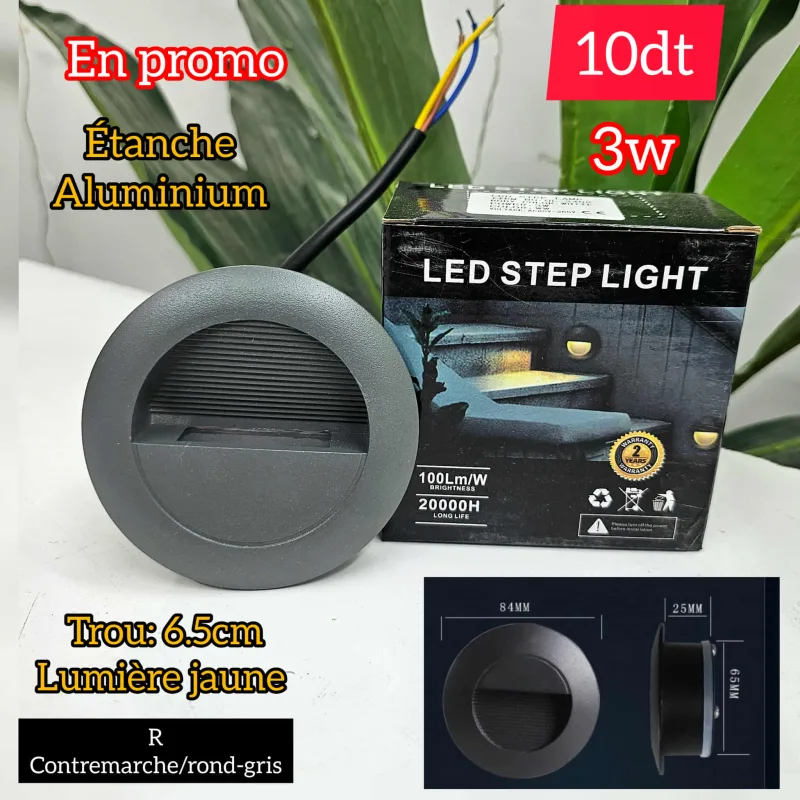 contre marche rond-gris 3W étanche en aluminium | Top Déco Tunisie