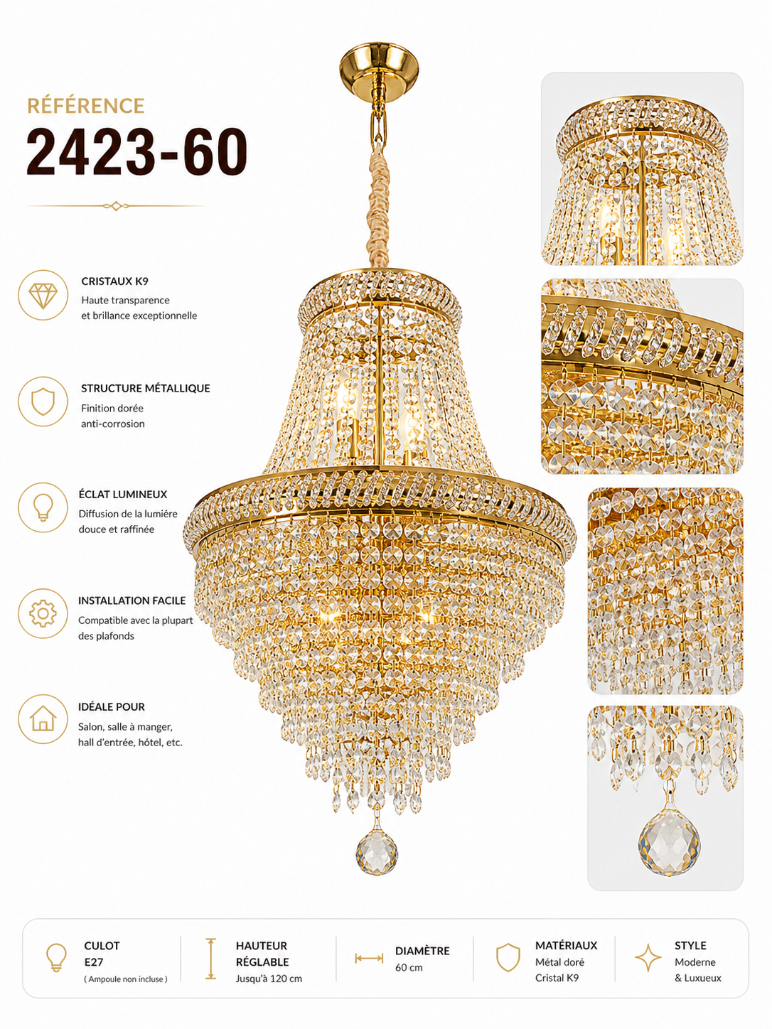 Lustre suspendu doré 60 cm – 9 lampes E14
