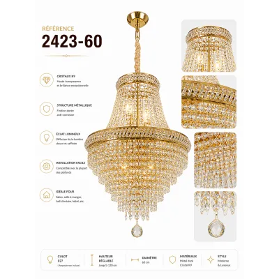 Lustre suspendu doré 60 cm – 5 lampes E14 | Top Déco Tunisie