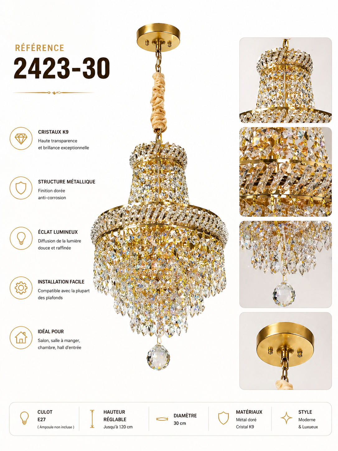 Lustre suspendu doré 30 cm – 3 lampes E14 | Top Déco Tunisie