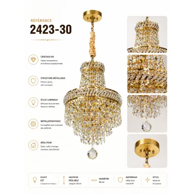 Lustre suspendu doré 30 cm – 3 lampes E14 | Top Déco Tunisie