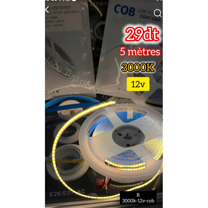 Ruban LED COB 5 mètres – Lumière jaune 3000K (12V) | Top Déco Tunisie