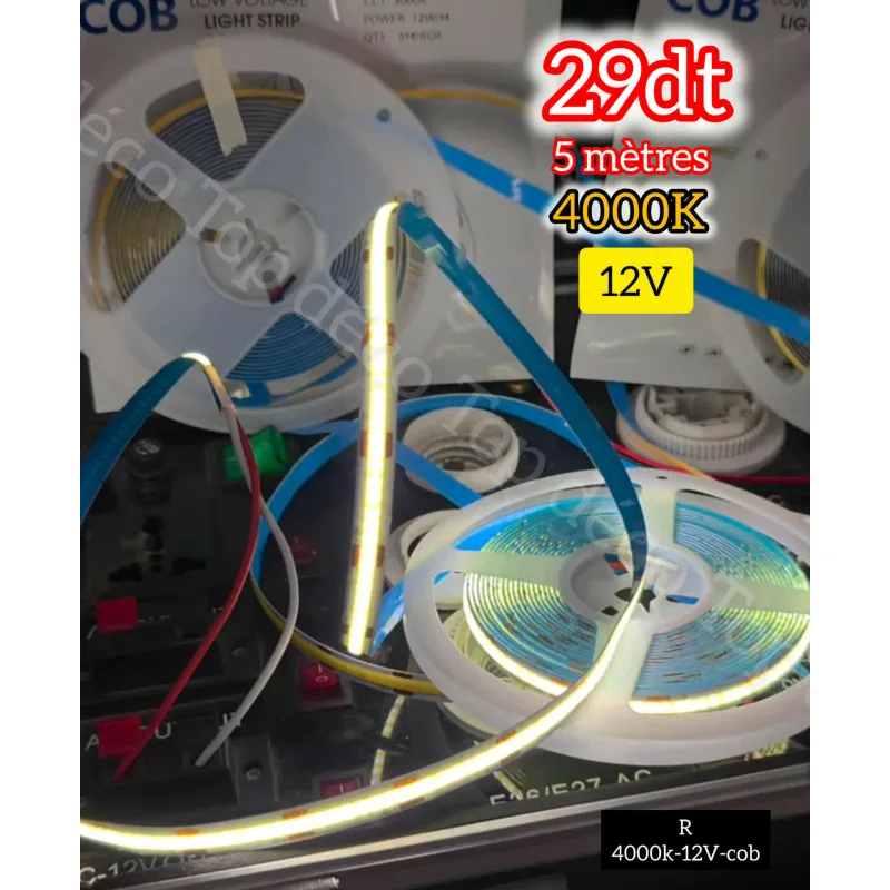 Ruban LED COB 5 mètres – Lumière de jour 4000K (12V) | Top Déco Tunisie