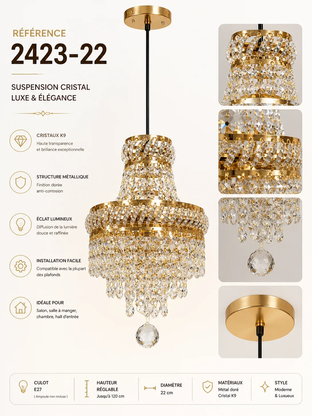 Lustre suspendu doré 22 cm – 1 lampes E14 | Top Déco Tunisie