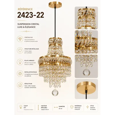 Lustre suspendu doré 22 cm – 1 lampes E14 | Top Déco Tunisie