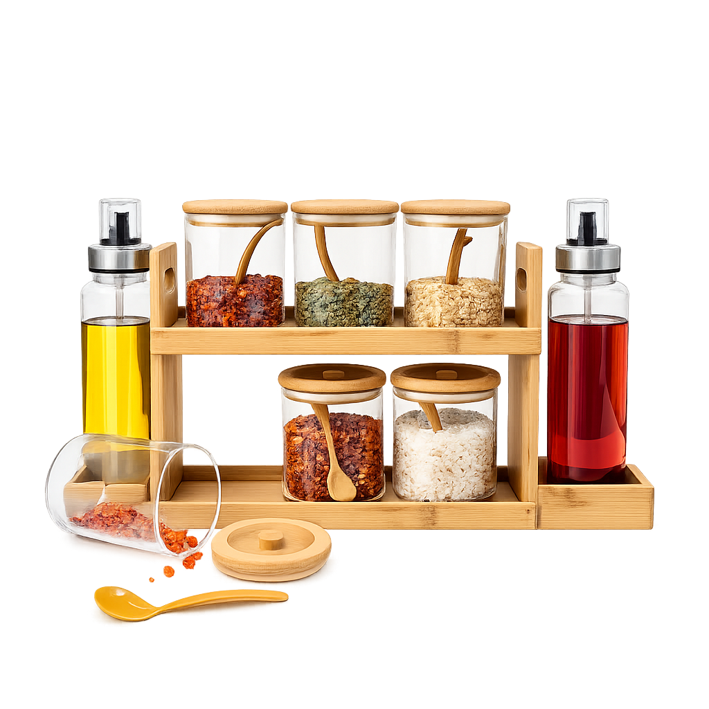 Set Épices en Verre avec Support en Bambou – 14 Pièces avec Bouteilles Huile & Vinaigre | Top Déco Tunisie