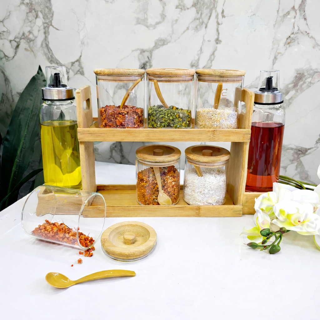 Set Épices en Verre avec Support en Bambou – 14 Pièces avec Bouteilles Huile & Vinaigre