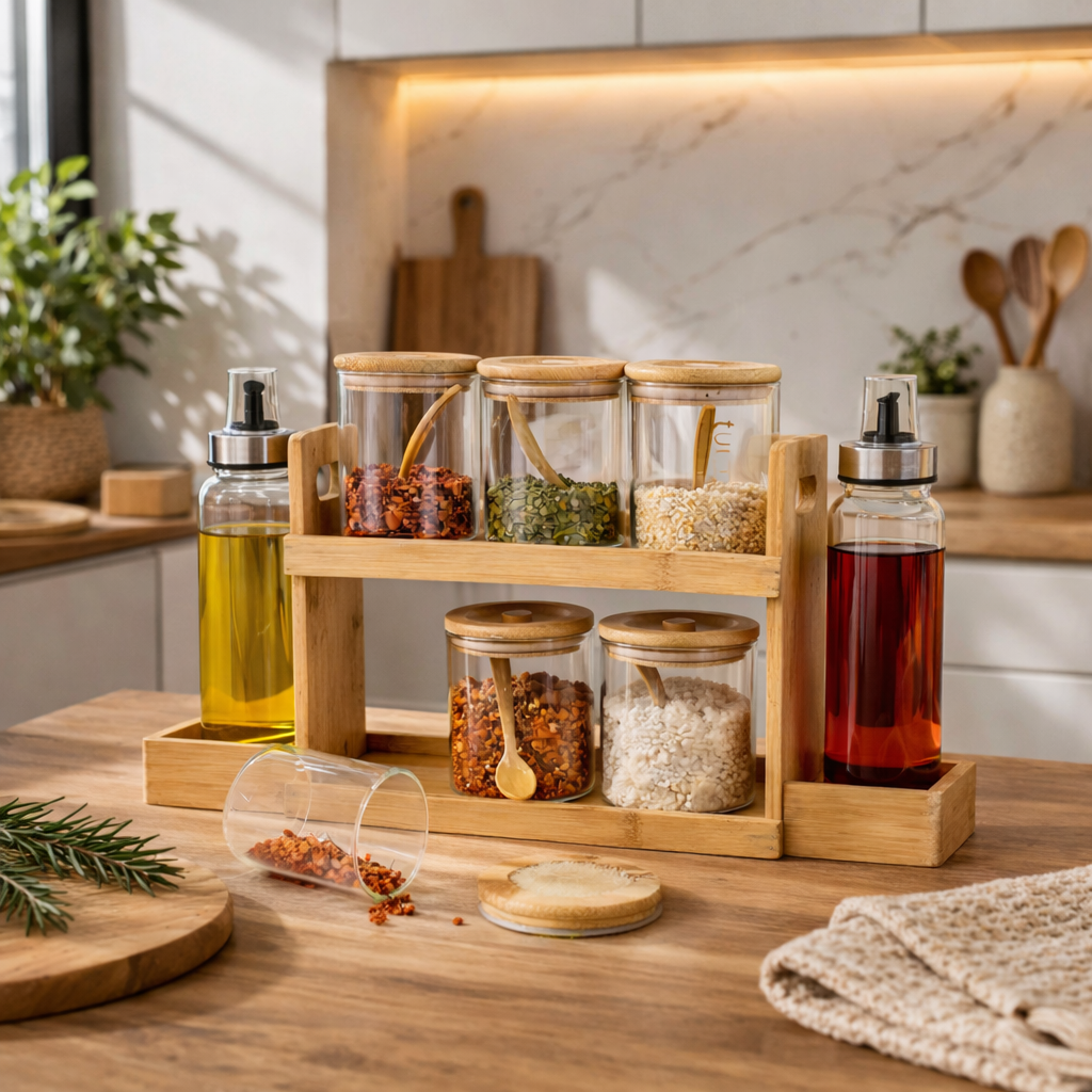 Set Épices en Verre avec Support en Bambou – 14 Pièces avec Bouteilles Huile & Vinaigre