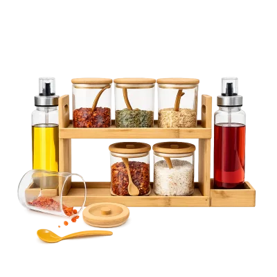 Set Épices en Verre avec Support en Bambou – 14 Pièces avec Bouteilles Huile & Vinaigre | Top Déco Tunisie