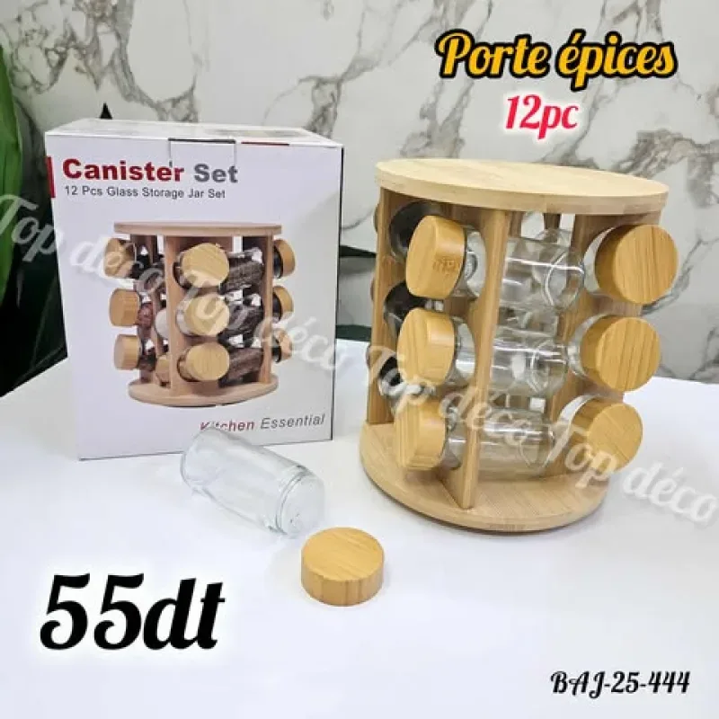 Boite epice en verre rond bois 12 PC avec support rotatif | Top Déco Tunisie