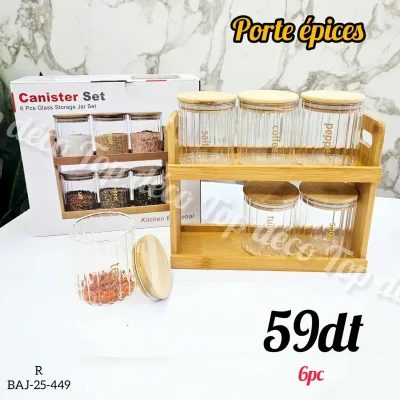 set de bocaux de rangement en verre rayé avec support 2 étages en bois | Top Déco Tunisie