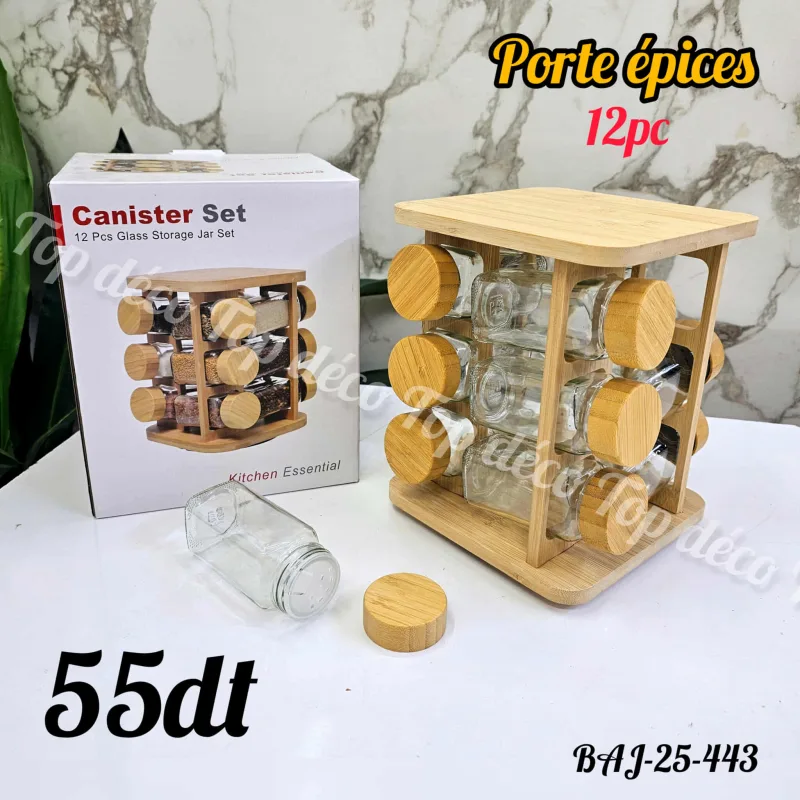 Porte-épices 12 pièces avec support carré rotatif en bois | Top Déco Tunisie