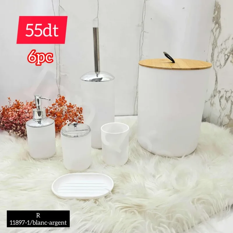 Set salle de bain 6 pièces blanc argent – R11897-1 | Top Déco Tunisie