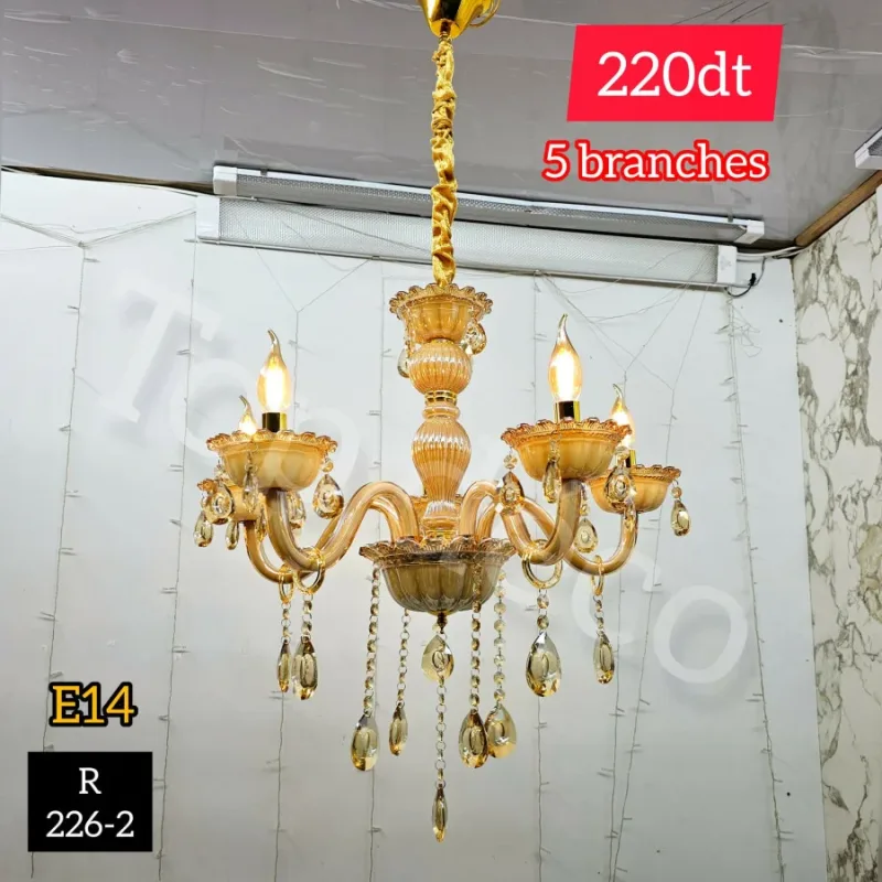 Lustre doré 5 branches – Design classique en cristal 226-2 | Top Déco Tunisie