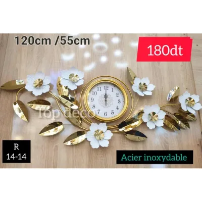 Horloge murale florale dorée et blanche – Acier inoxydable 120×55 cm | Top Déco Tunisie