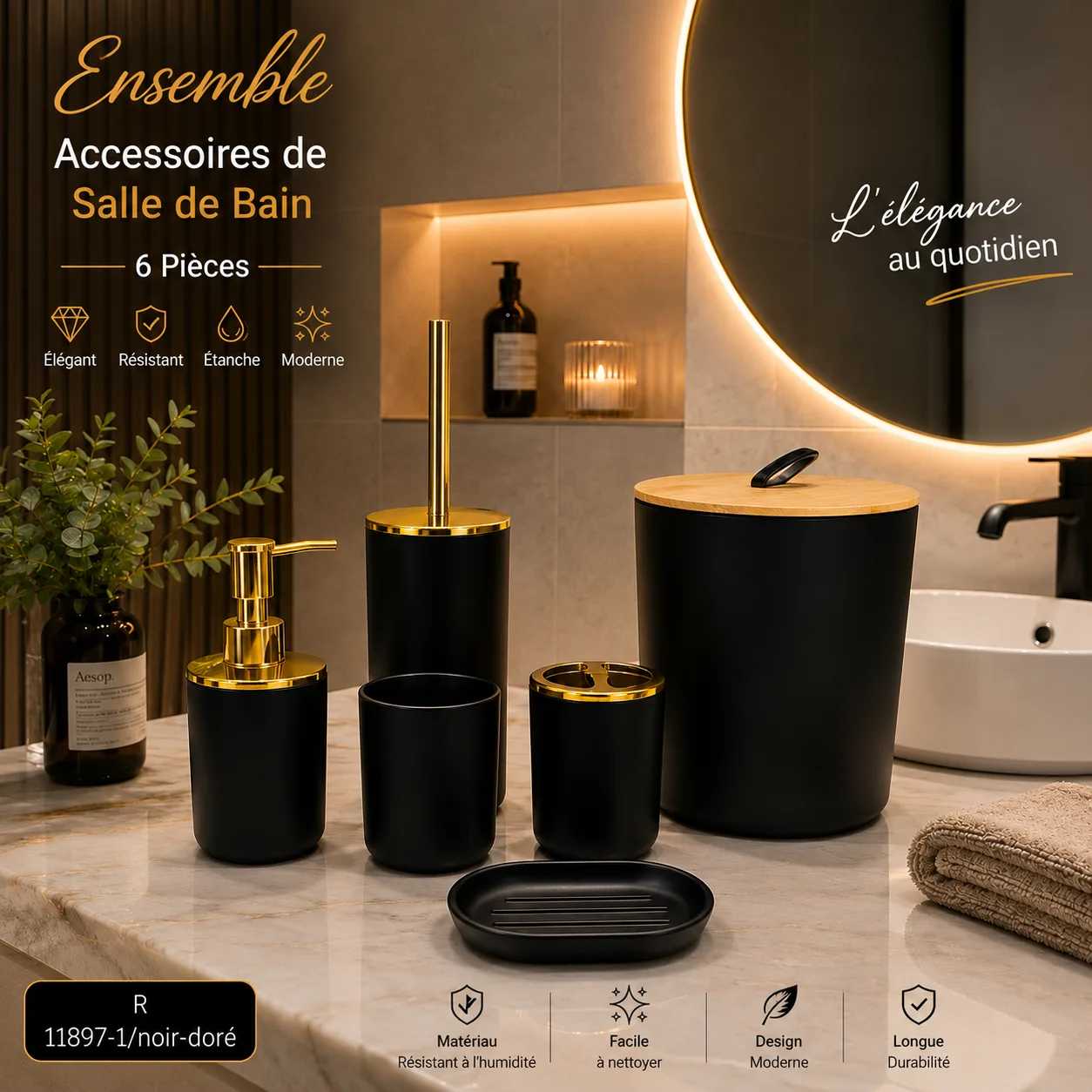 Set salle de bain 6 pièces – Couleur noir doré
