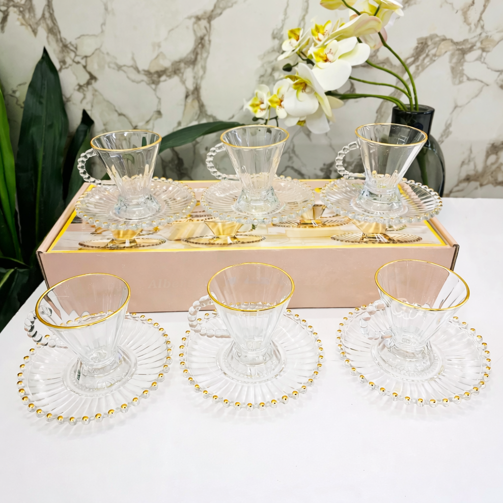 Service à Thé en Verre Transparent Doré – 6 Tasses + Sous-tasses