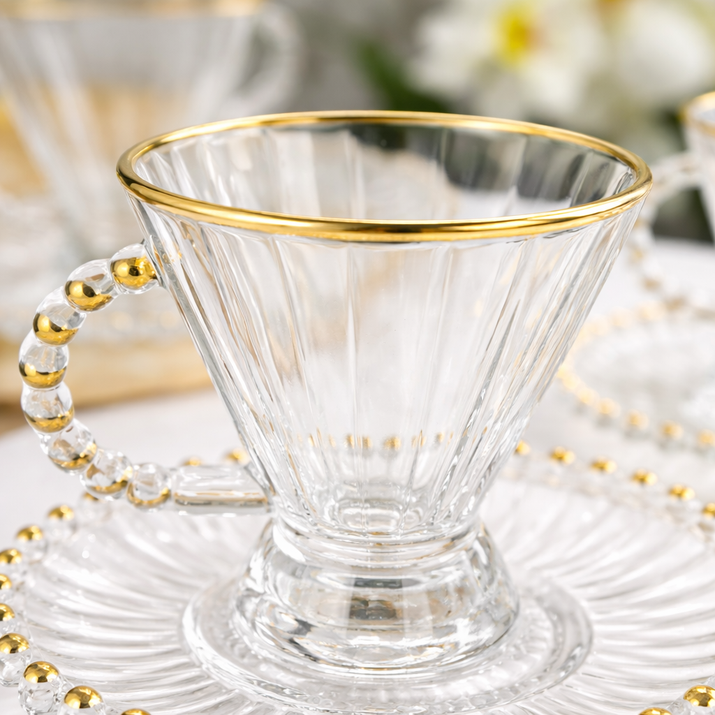 Service à Thé en Verre Transparent Doré – 6 Tasses + Sous-tasses