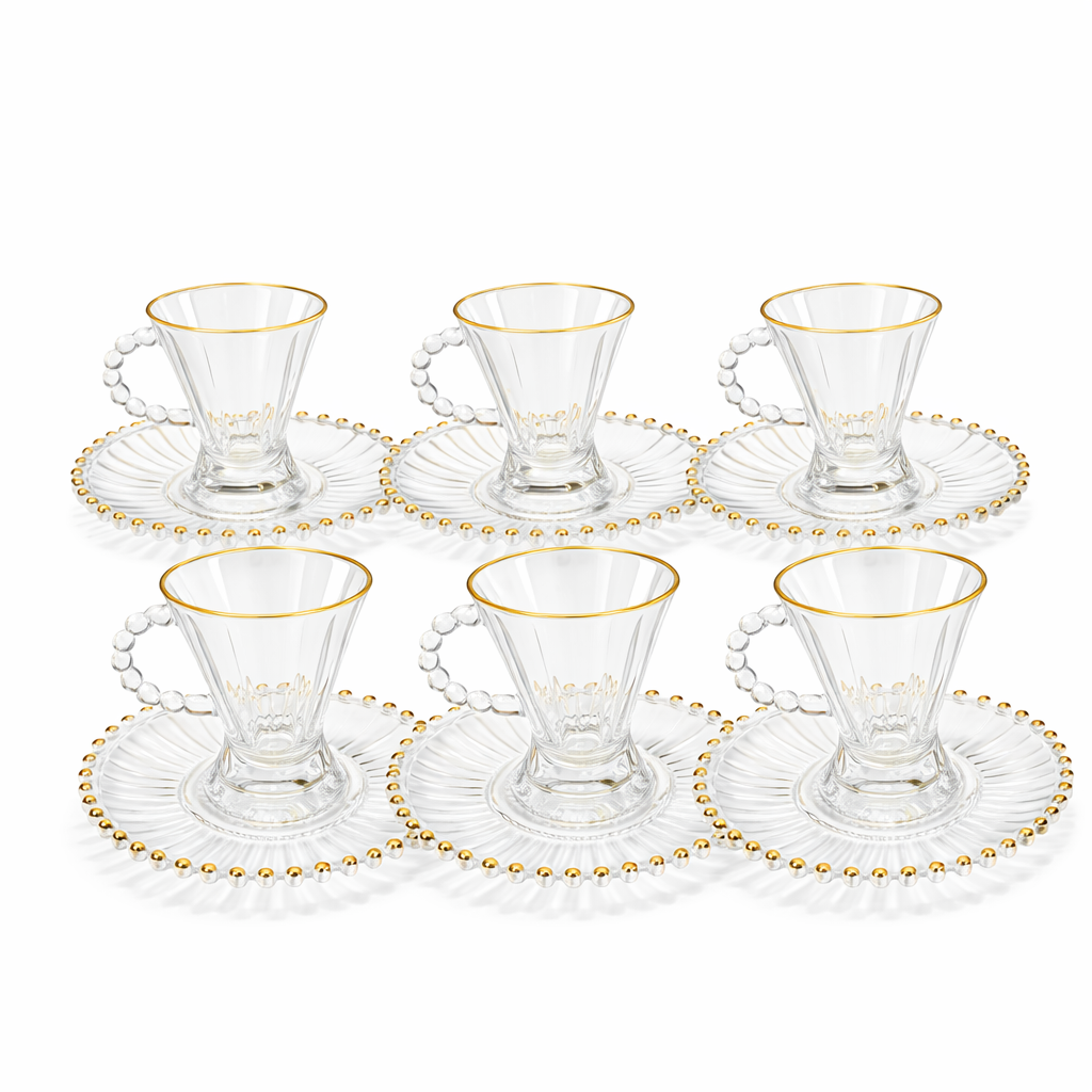Service à Thé en Verre Transparent Doré – 6 Tasses + Sous-tasses