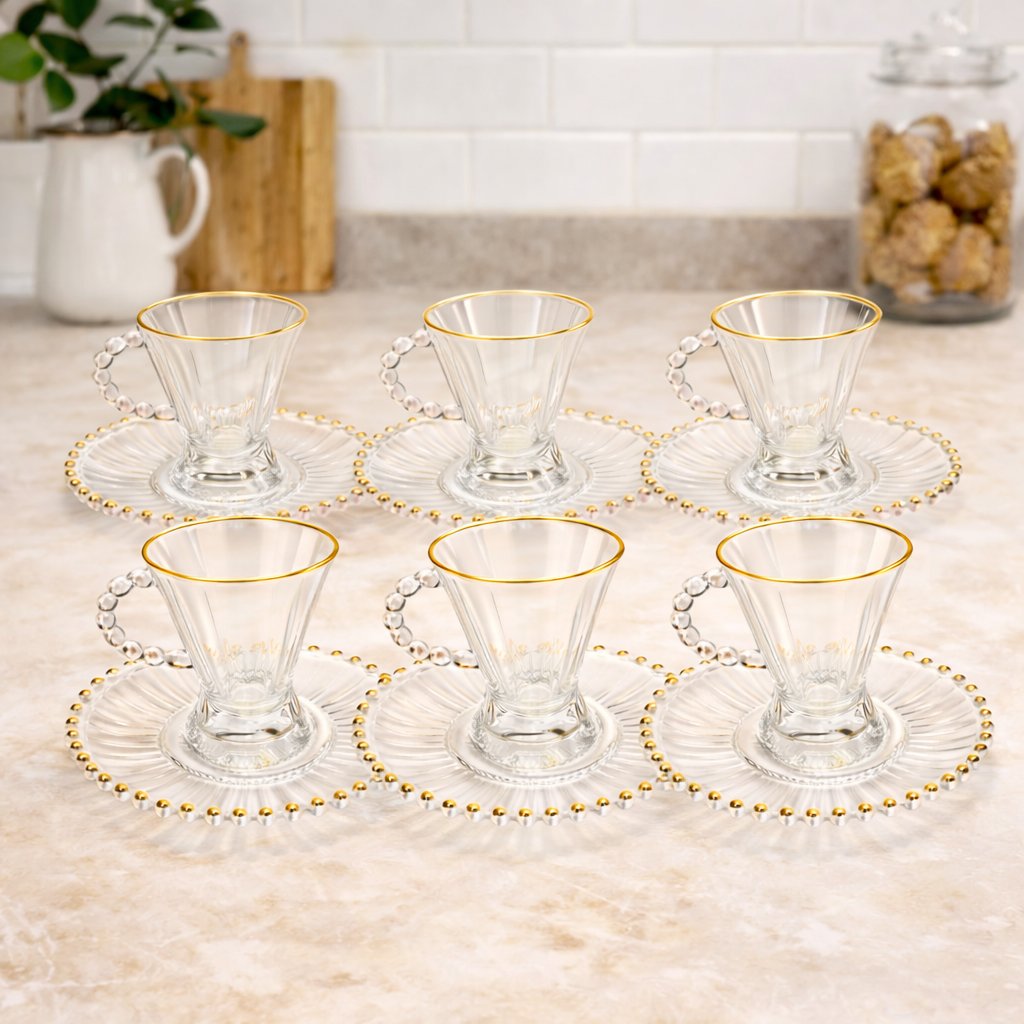 Service à Thé en Verre Transparent Doré – 6 Tasses + Sous-tasses | Top Déco Tunisie