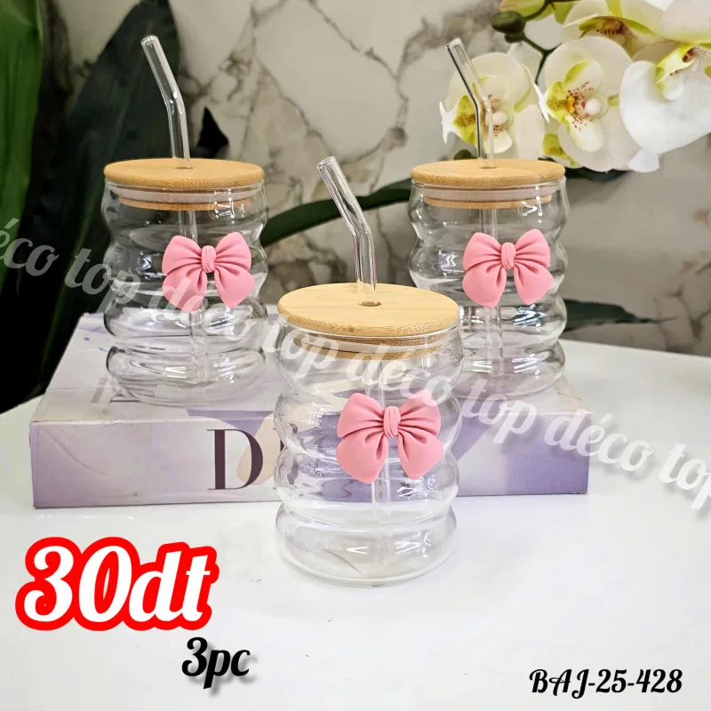 Trio Élégance – Gobelets en Verre avec Paille et Couvercle en Bois | Top Déco Tunisie