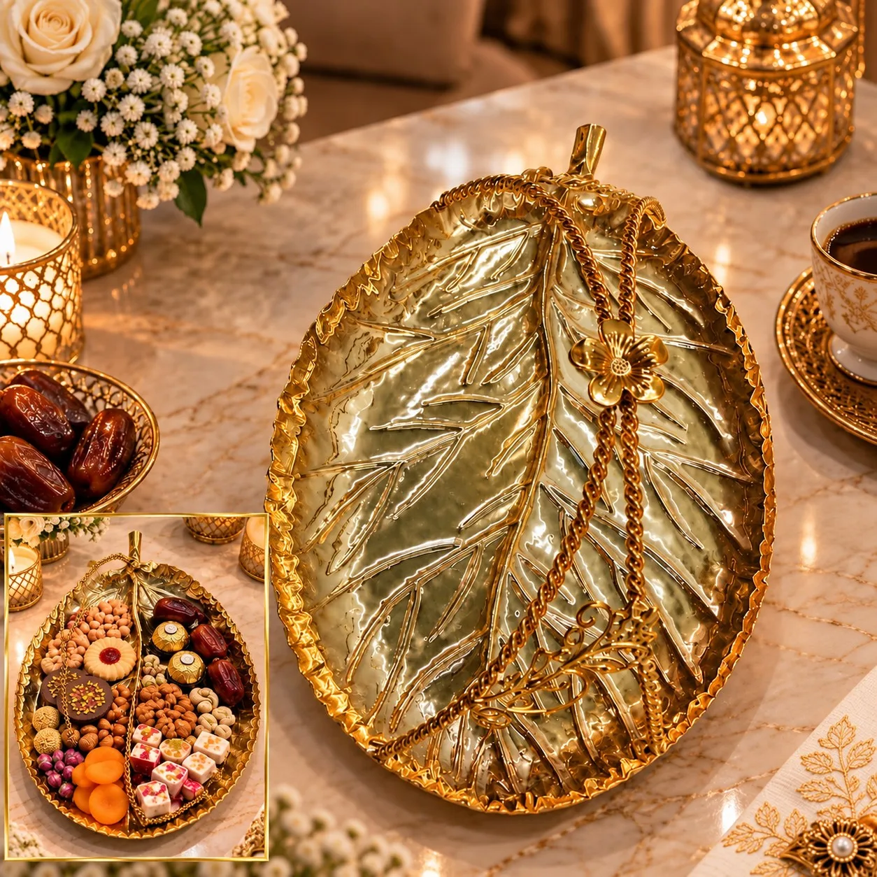 Plateau de Service Doré en Forme de Feuille avec Séparateur