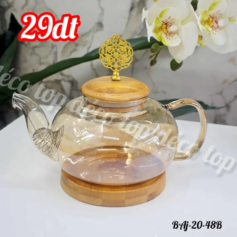 Théière en verre élégance avec couvercle en bois et filtre intégré | Top Déco Tunisie