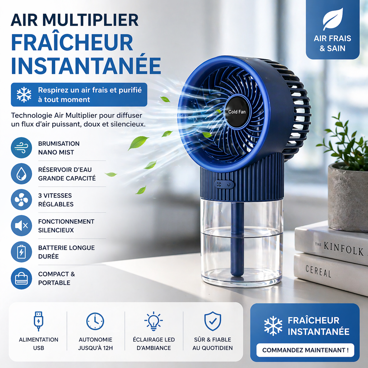 Ventilateur Brumisateur Portable RGB –Bleu- Fraîcheur Instantanée
