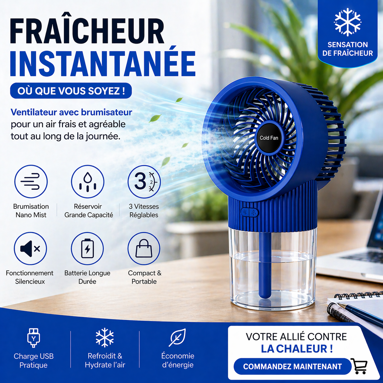 Ventilateur Brumisateur Portable RGB –Bleu- Fraîcheur Instantanée