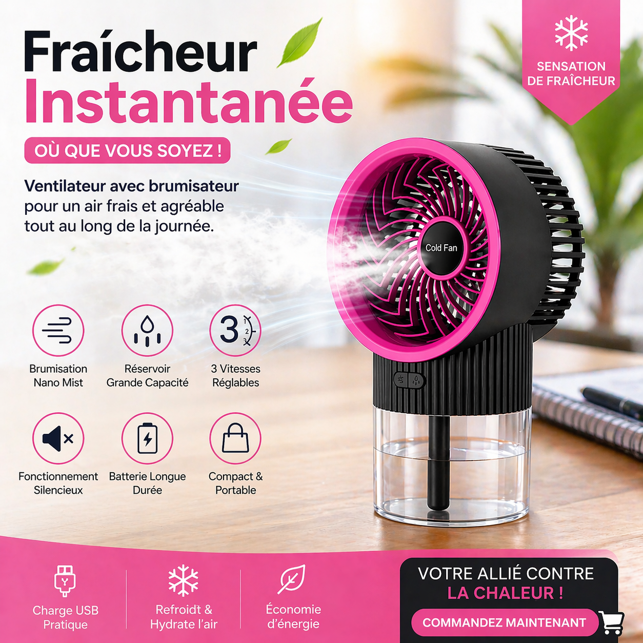 Ventilateur Brumisateur Portable RGB –Rose- Fraîcheur Instantanée