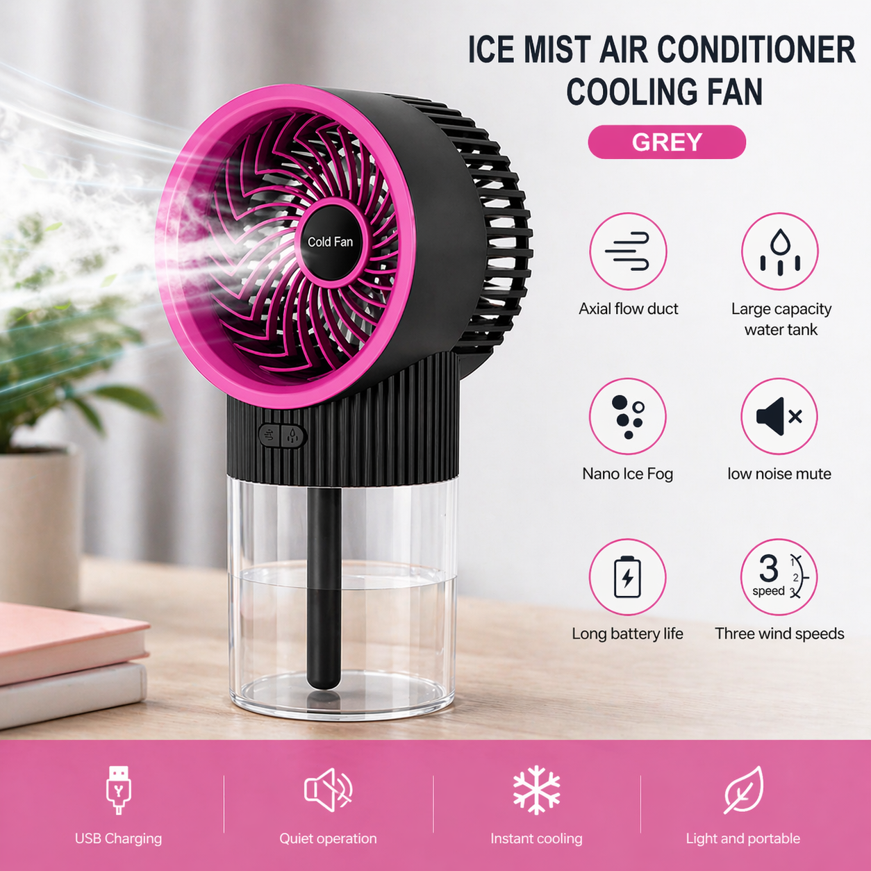 Ventilateur Brumisateur Portable RGB –Rose- Fraîcheur Instantanée
