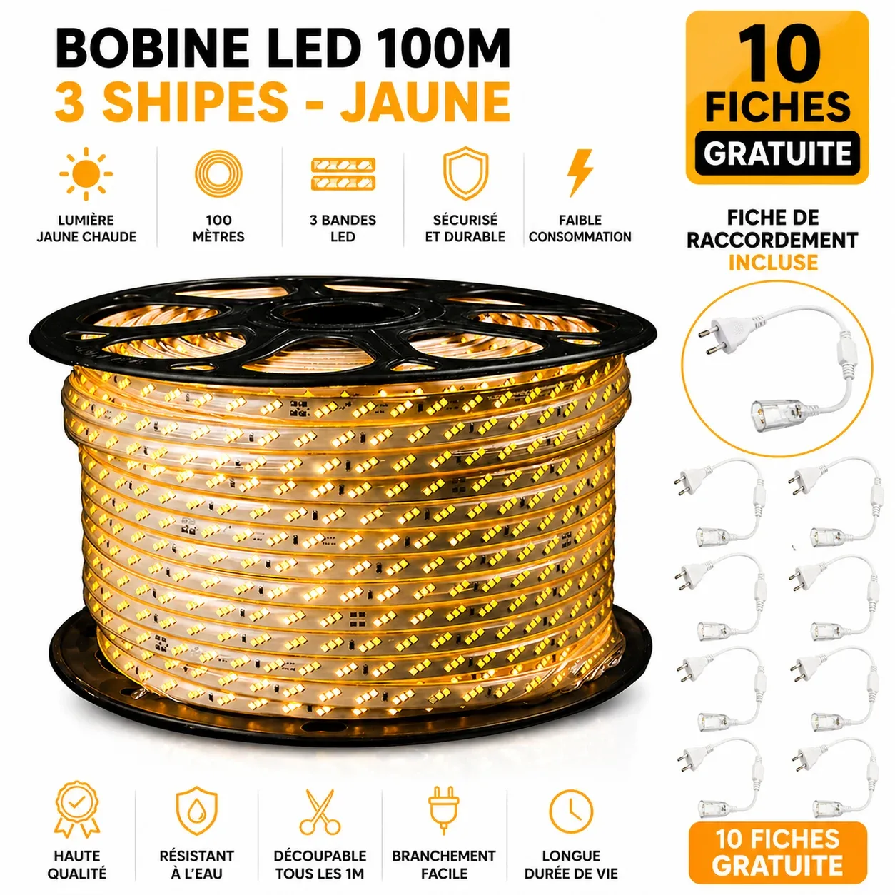 Bobine LED 100 mètres – 3 bandes (3000K) | Top Déco Tunisie