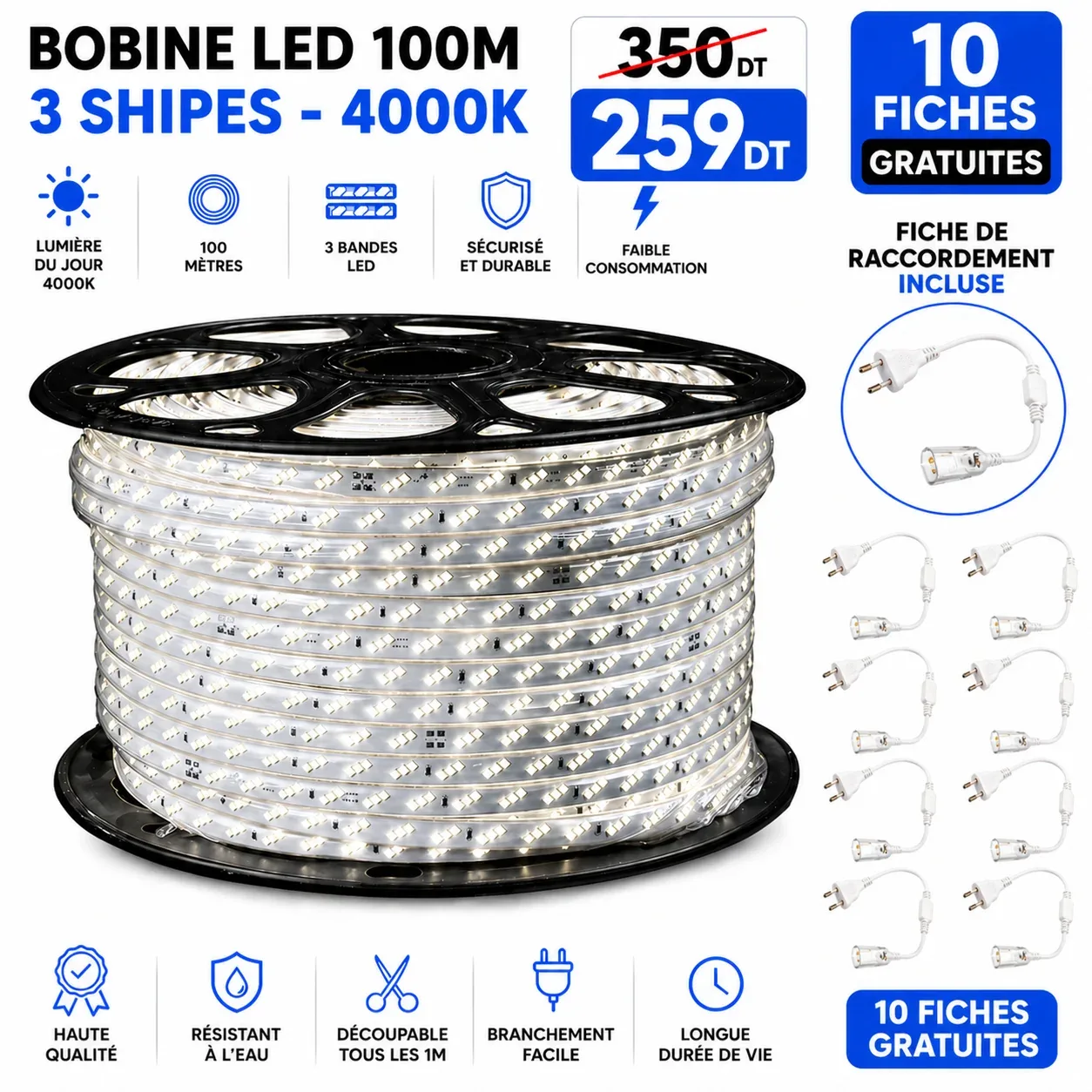 Bobine LED 100 mètres – 3 bandes (4000K) | Top Déco Tunisie