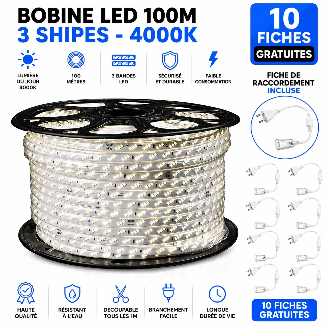 Bobine LED 100 mètres – 3 bandes (4000K)
